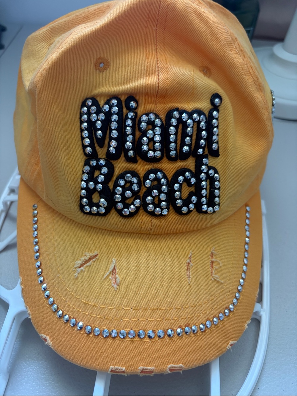 Miami Beach Yellow Rhinestone Distressed Baseball Cap Snapback Hat Bling